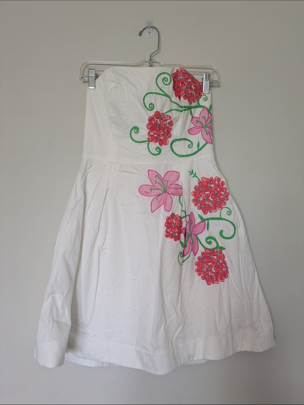 Lilly Pulitzer White Strapless Dress with Pink Floral Embroidery